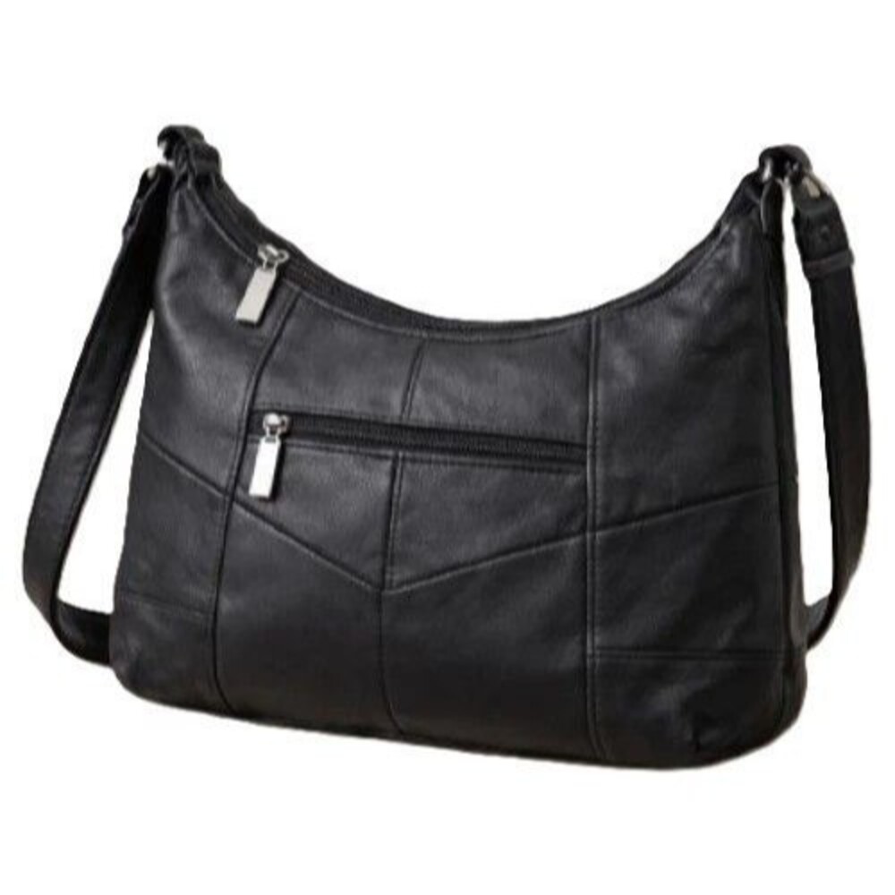 Black Genuine Leather Shoulder Small Hobo Bag Multi Pocket Zip Closure Classic